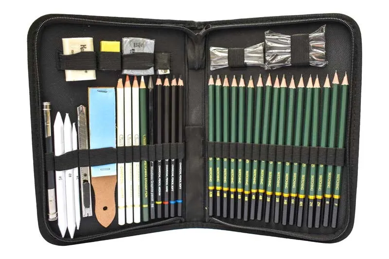 Lapices de dibujo, pasteles, carbones, borradores, lmaleables estuche de tela de 42u